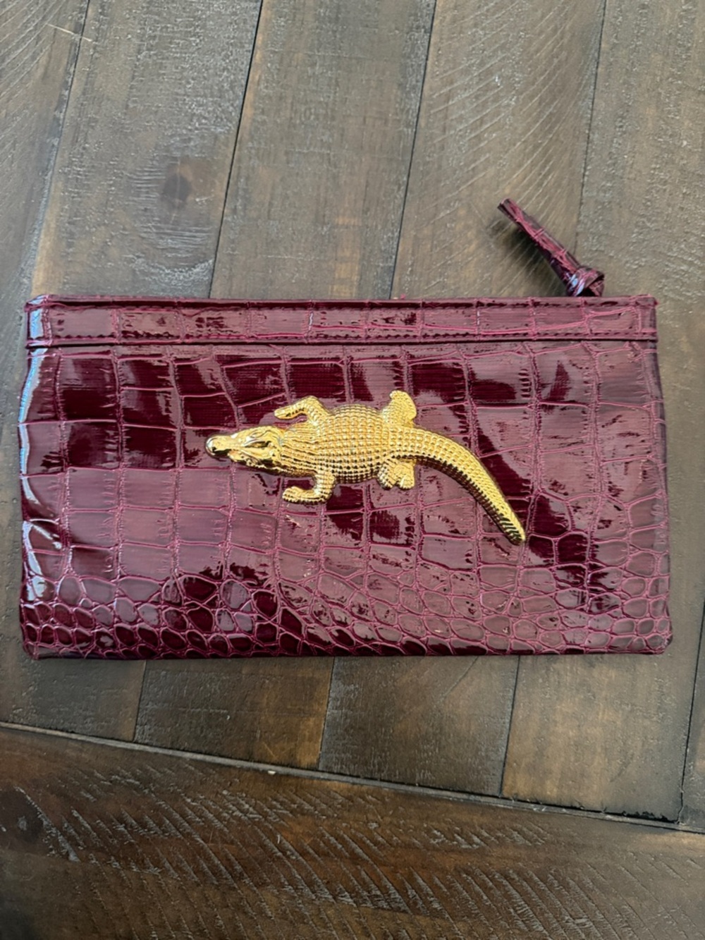Glossy Croc Embossed Classy Clutch with Gold Alligator Accent - Burgundy